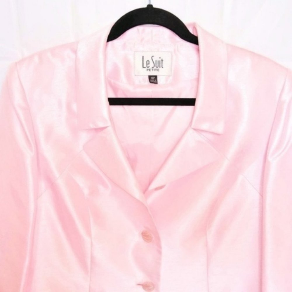 NWT Le Suit Satin Pink Blazer Skirt Set 16 P - Picture 7 of 8